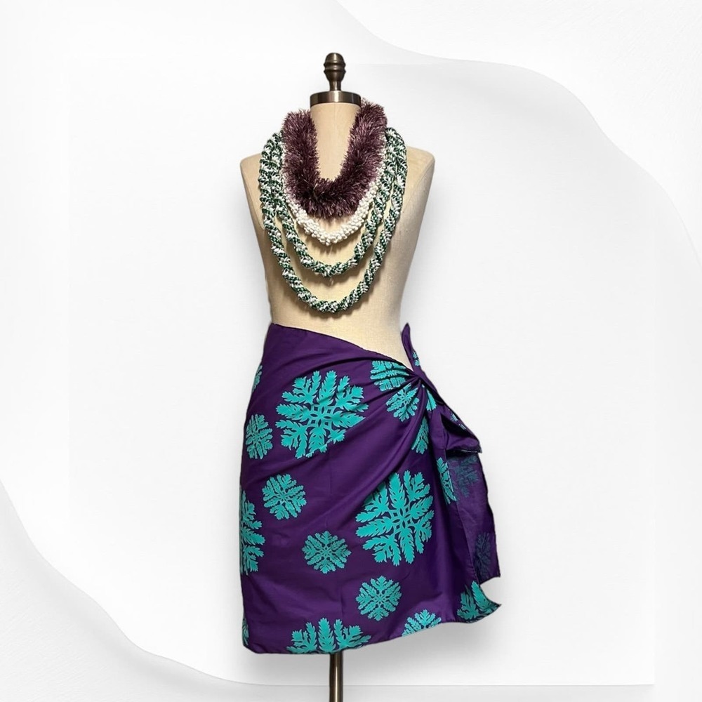Hawaiian Quilt Print Pareo Handmade Purple Teal 22 x 45 Sarong Skirt Wrap